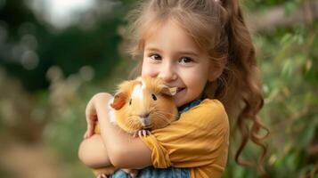 ai gerado pequeno menina segurando uma fofa Guiné porco dentro dela braços foto