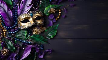 ai gerado outonal mardi gras mascarar com outono folhas em laranja fundo foto