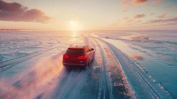 ai gerado carro deriva em gelo em uma congeladas lago foto
