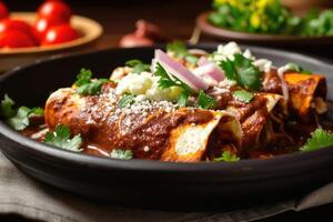 ai gerado mexicano frango enmoladas de encacahuatado, ou toupeira Poblano enchiladas, toupeira negro, pipian foto