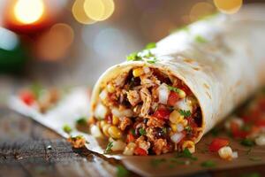 ai gerado mexicano burrito com carne e legumes foto