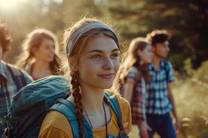 ai gerado adolescentes caminhada, desfrutando natureza, explorando ótimo ao ar livre, abraçando ativo estilo de vida dentro natureza foto