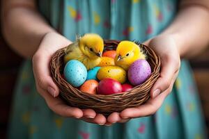 ai gerado mãos segurando uma cesta com colorida Páscoa ovos e pequeno pintinho foto