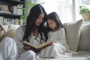 ai gerado mãe lendo livro para dela filha em a sofá dentro a vivo quarto foto