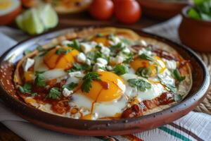 ai gerado mexicano huevos rancheros ovo Torrada, mexidos ovos, salsa, taco, Tortas, vegetais, salsinha foto