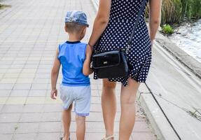 mãe e filho estão caminhando por aí a parque dentro a mão. costas visualizar. mãe dentro uma vestir foto