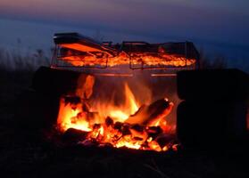 quente frango coxas em a fogo às noite em a de praia foto