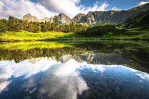 Visão do a gasienicowa vale e a zielony staw lago dentro tatra montanhas foto