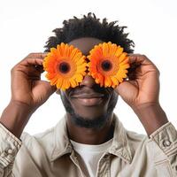 ai gerado africano americano homem cobre olhos com dois laranja gerberas foto