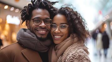 ai gerado uma mulher e dela namorado estão todos sorrisos Como elas apreciar uma dia do compras juntos às a Shopping foto