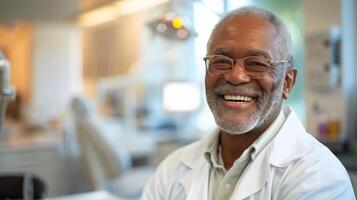 ai gerado uma feliz Senior homem poses para a Câmera às a Dentistas escritório foto