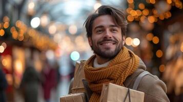 ai gerado uma bonito homem delícias dentro compras para presentes às a Shopping foto