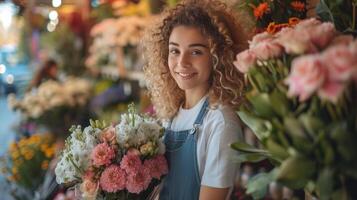 ai gerado encaracolado menina florista coleta uma lindo ramalhete para a noiva dentro uma flor fazer compras em uma francês rua foto