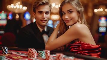 ai gerado uma jovem casal tocam pôquer dentro uma casino. uma homem é vestido dentro uma Preto terno, uma mulher é vestido dentro uma vermelho cetim vestir foto