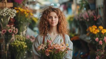 ai gerado encaracolado menina florista coleta uma lindo ramalhete para a noiva dentro uma flor fazer compras em uma francês rua foto