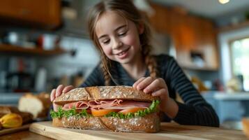 ai gerado uma 12 anos menina prepara uma ampla presunto sanduíche foto