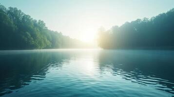 ai gerado luz solar dançando em uma tranquilo do lago superfície, criando uma tirar o fôlego espetáculo foto