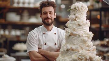 ai gerado jovem bonito pastelaria chefe de cozinha coze uma Casamento de três camadas branco bolo com flores dentro uma padaria foto