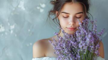 ai gerado a encantador mulher, uma visão dentro branco, embalando uma ramalhete do delicado lavanda floresce foto