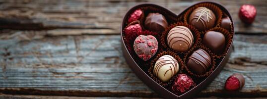 ai gerado a coração em forma caixa do chocolates em a de madeira mesa foto