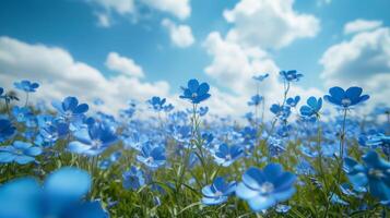 ai gerado lindo natural fundo com azul flor campo e azul céu ampla copyspace área com cópia de espaço para texto foto