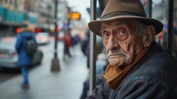 ai gerado envelhecimento sociedade velho homem dentro uma chapéu sentado às uma ocupado cidade ônibus Pare tráfego dentro a fundo foto