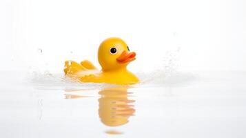 ai gerado uma amarelo borracha Pato flutua em água, criando uma splash. foto