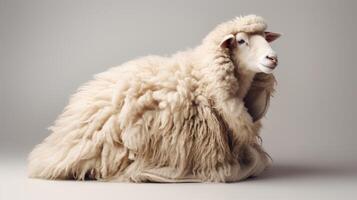 ai gerado animal direitos conceito uma ovelha com uma Grosso fofo lã casaco sentado branco fundo foto