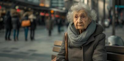 ai gerado envelhecimento sociedade a velho mulher sentado em uma Banco dentro uma ocupado cidade rua foto