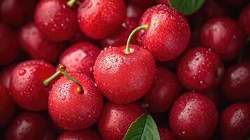 ai gerado pilha do tentador cerejas, a interessante arranjo para mostruário a brilho e suavidade do a fruta. foto