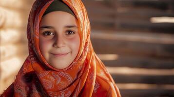 ai gerado sorridente islâmico garota, capturando cultural diversidade e alegria foto