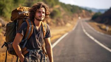 ai gerado só viagem - homem com mochila embarca em estrada aventura foto