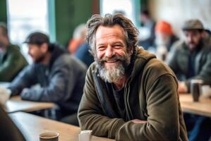 ai gerado sorrisos dentro solidariedade - sem teto homem às uma voluntário cantina mesa foto