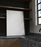 50x70 de madeira quadro, Armação brincar inclinado em a de madeira estante dentro a elegante mármore cozinha foto