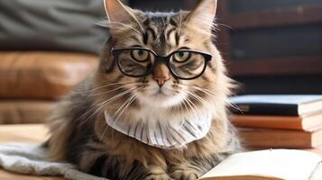 ai gerado inteligente fofa fofo gato dentro óculos é lendo uma livro. livro amante dia. generativo ai. Alto qualidade ilustração foto