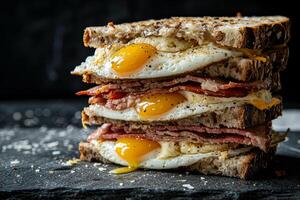 ai gerado super delicioso sanduíche pilha, com bacon, ovos e abacate, dentro Preto fundo. foto