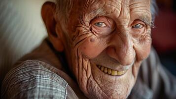 ai gerado fechar acima do velho homem sorridente com amarelo dentes dental Cuidado beleza do envelhecimento foto