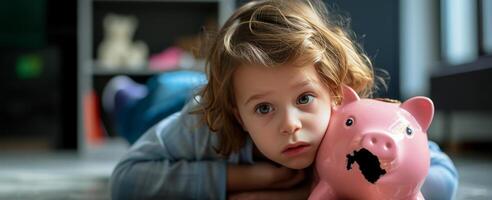 ai gerado uma menina com quebrado porquinho banco em a chão salvando dinheiro problema foto