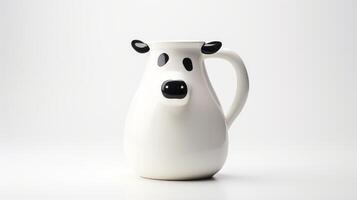 ai gerado branco cerâmico leite jarro com uma vaca face Projeto. foto