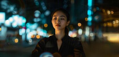ai gerado chinês empreendedor mulher em noite cidade luzes bokeh fundo trabalhos vida Saldo foto