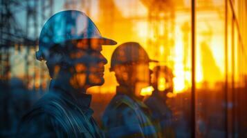 ai gerado trabalhadores contra uma pôr do sol fim do construção fabricação. foto