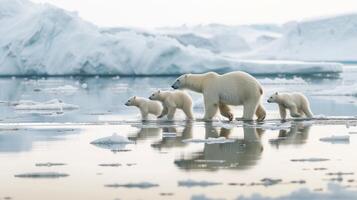 ai gerado global aquecimento uma polar Urso com três filhotes andar em Derretendo gelo panorama ártico animais selvagens foto