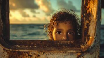 ai gerado a imigrante criança olhando às a oceano durante pôr do sol foto