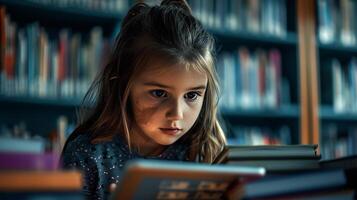 ai gerado jovem Internet Comercial menina sentado dentro uma biblioteca usando às tábua voltado para conectados assédio foto