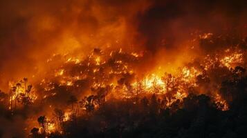 ai gerado floresta fogo às noite incêndios floresta chamas devorando árvores e animais selvagens vermelho fumaça céu foto