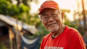 ai gerado voluntário velho homem vermelho camisa chapéu vermelho com óculos dentro uma comunidade serviço ao ar livre foto