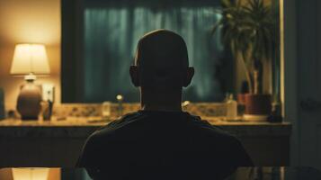 ai gerado uma Careca homem sentado dentro frente do uma espelho dentro uma Sombrio quarto foto