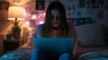 ai gerado Adolescência menina face cyberbullying comentários sentado sozinho dentro quarto foto