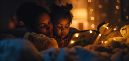 ai gerado solteiro mãe lendo uma livro para dela criança dentro cama com caloroso luz foto