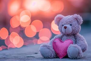 ai gerado uma pequeno Urso com Rosa coração sentado Próximo para isto foto